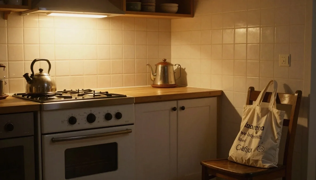 Cocina hogareña de noche con lista de compras y pava