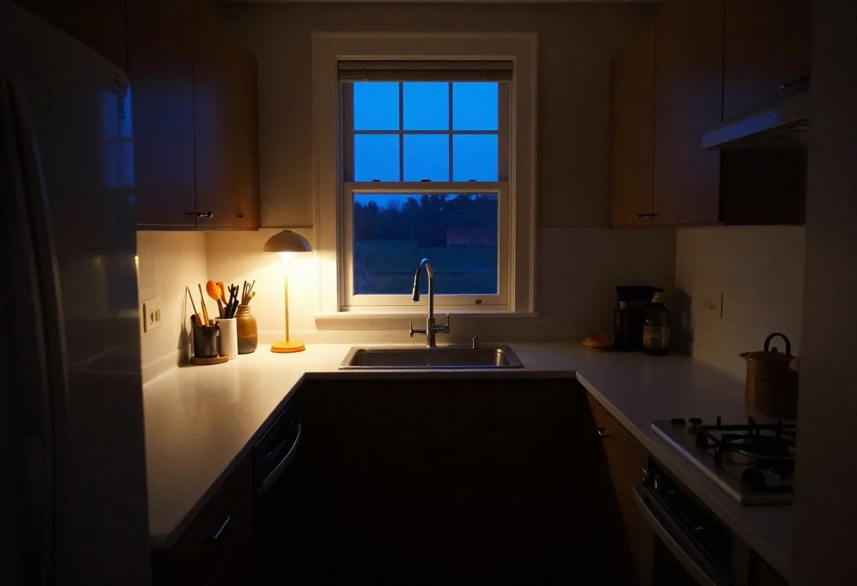 Cocina de noche con cena simple y cuaderno