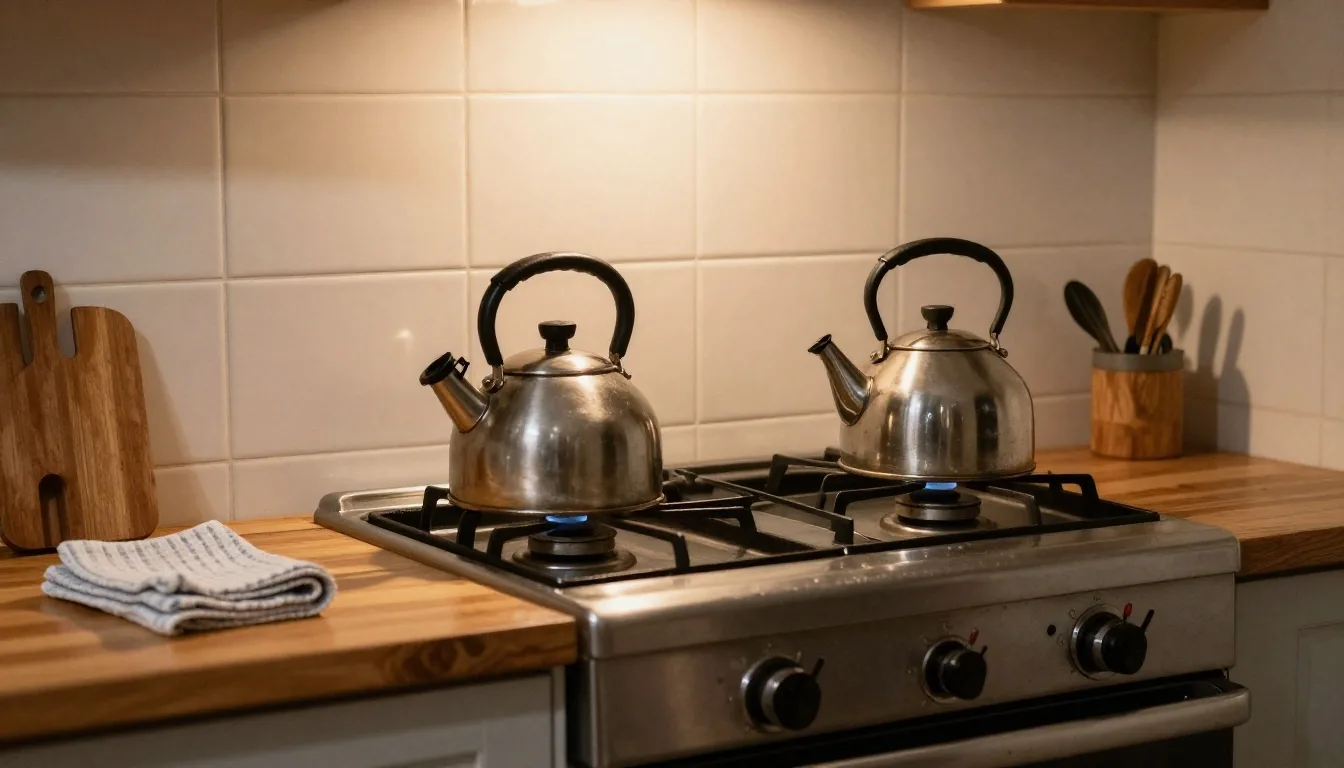 Cocina compartida de noche con pava sobre la hornalla y lista de compras en la heladera