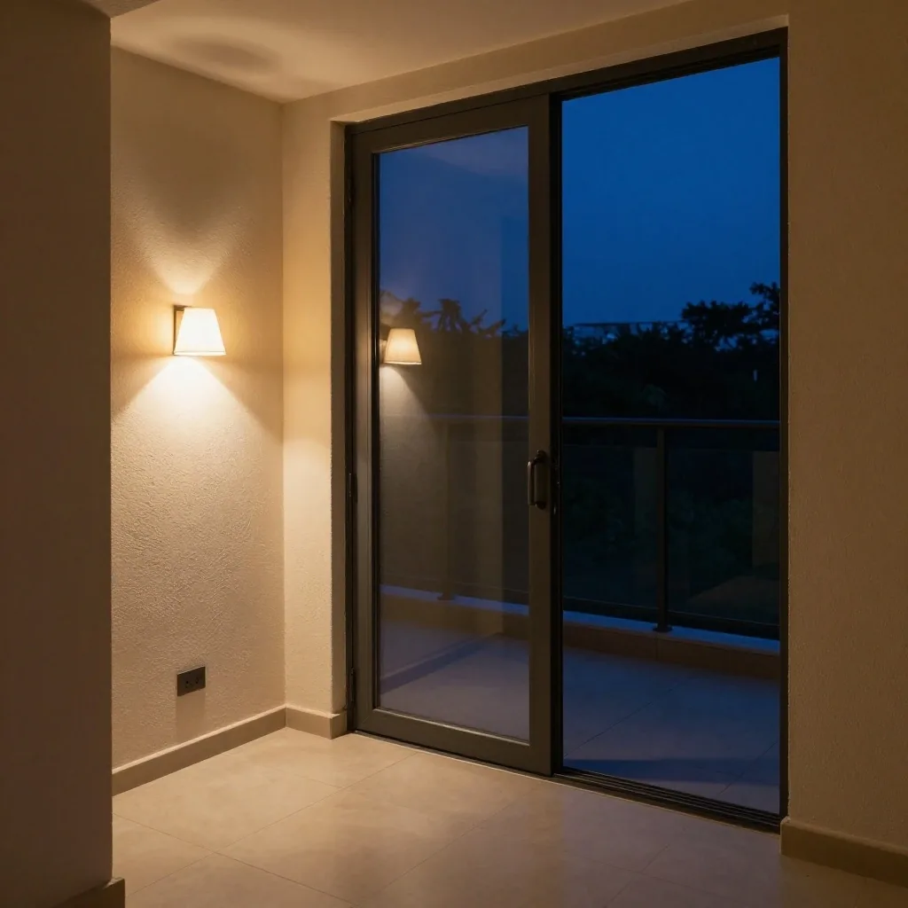 Puerta de balcón de noche con luz cálida interior