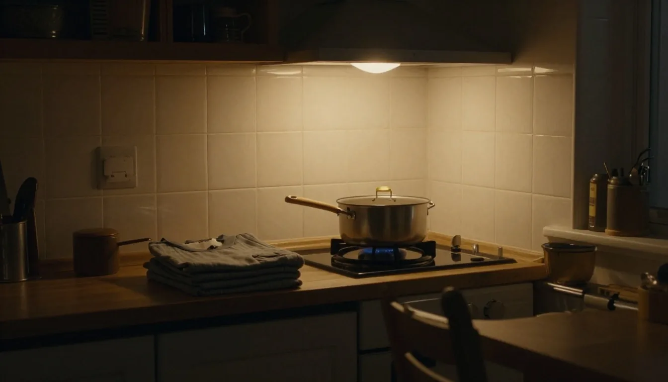 Rincón de cocina de noche con la cena preparada