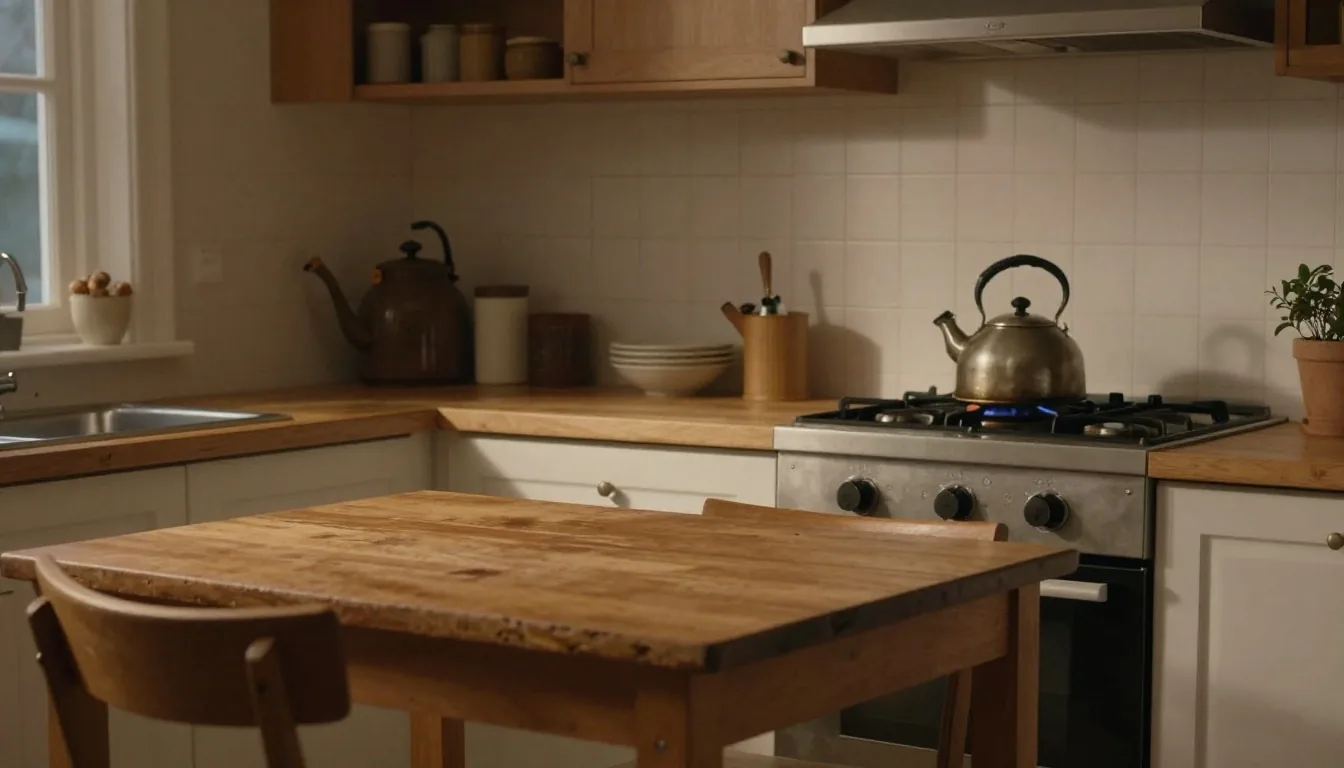 Rincón de cocina de noche con tetera y cuaderno sobre mesa de madera