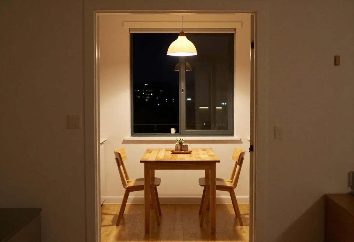 Rincón tranquilo de cocina por la noche con luz cálida