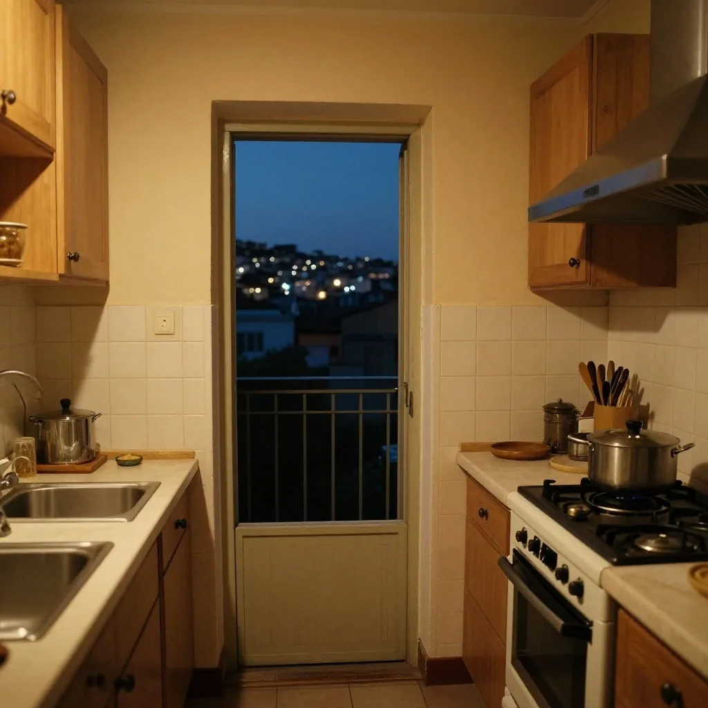 Cocina de noche con pava y puerta al balcón entreabierta