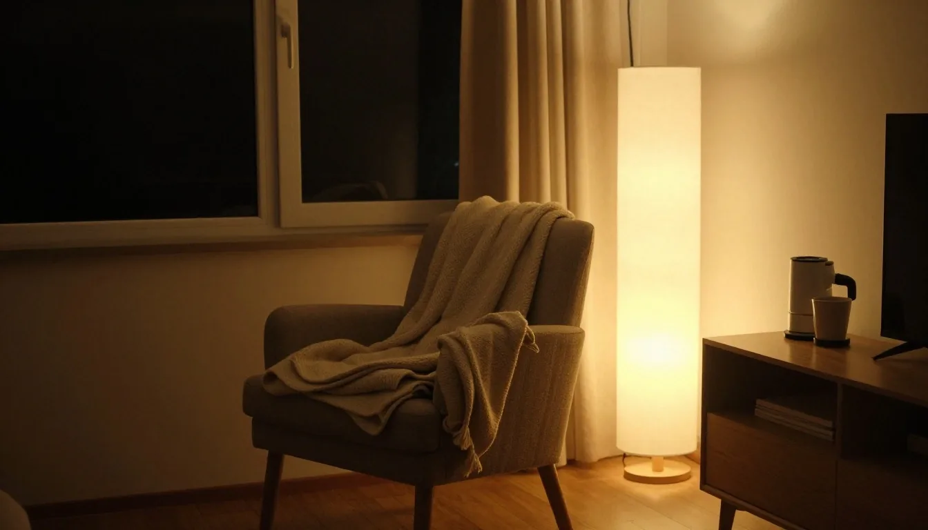 Estudio pequeño iluminado por una lámpara en la noche