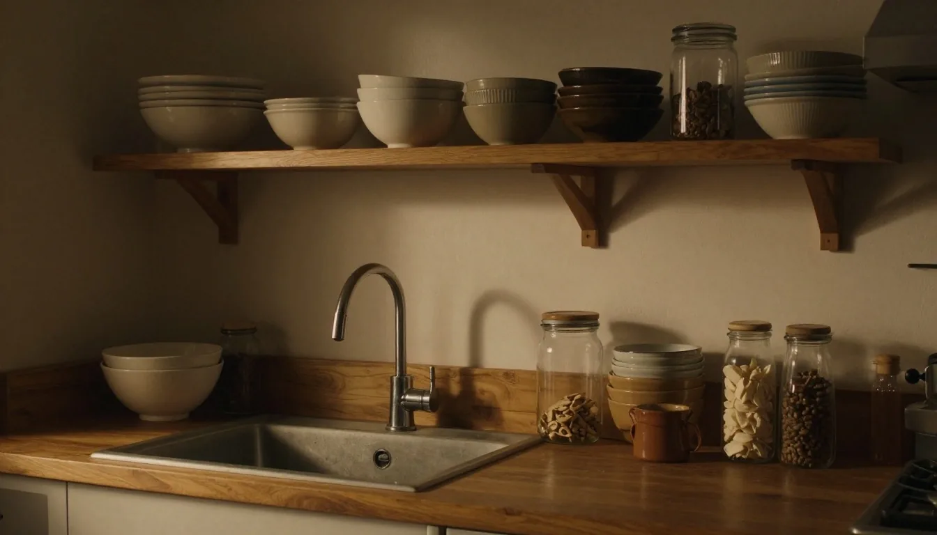 Cocina hogareña de noche con pava y estantes simples